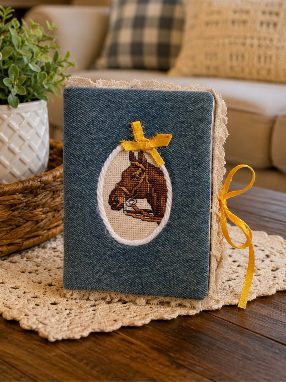 Vintage Handmade Denim Photo Album Horse Cross Stitch Lace Holds 24 Photos 6x4.5